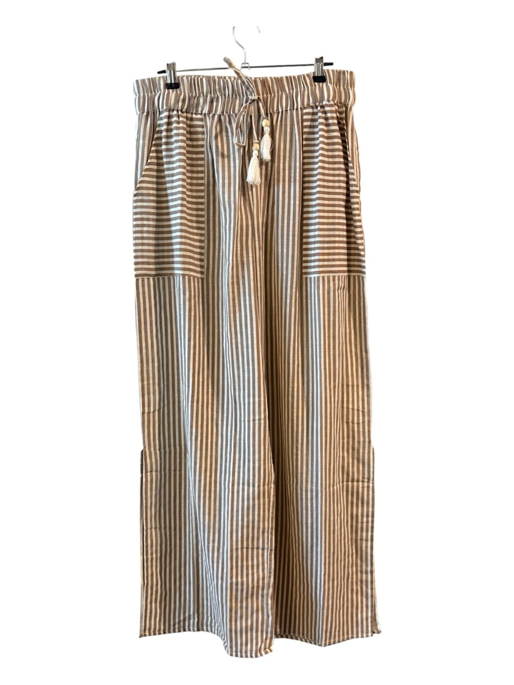 Wide Leg Striped Drawstring Pants - Tan & White